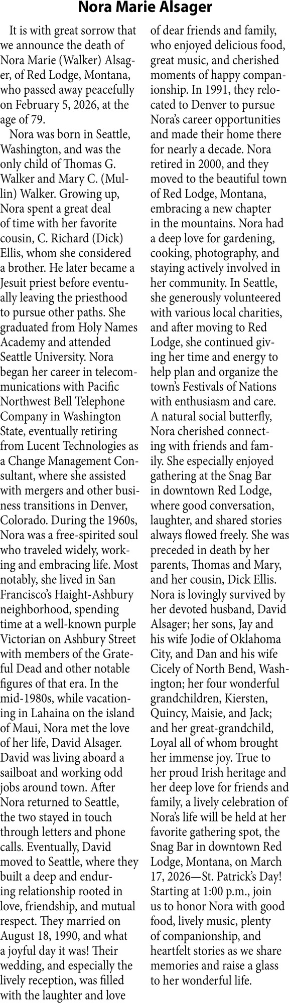 Nora Marie Alsager, Obituaries, Glendive, MT