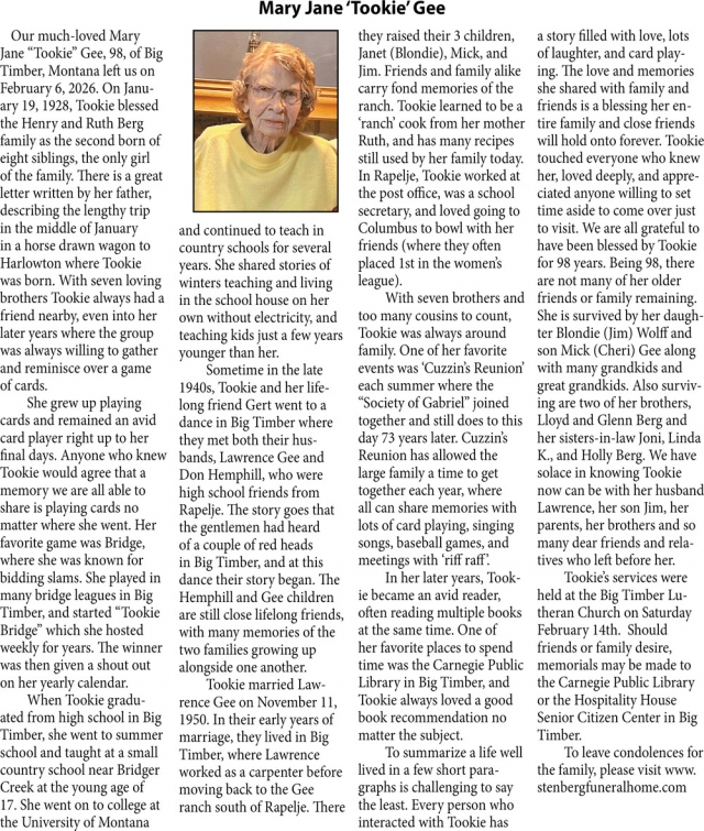 Mary Jane Gee, Obituaries, Glendive, MT