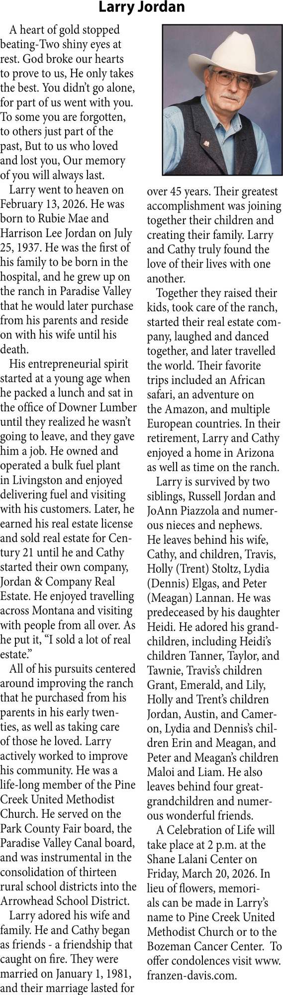 Larry Jordan, Obituaries, Glendive, MT