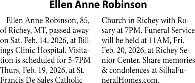 Ellen Anne Robinson, Obituaries, Glendive, MT