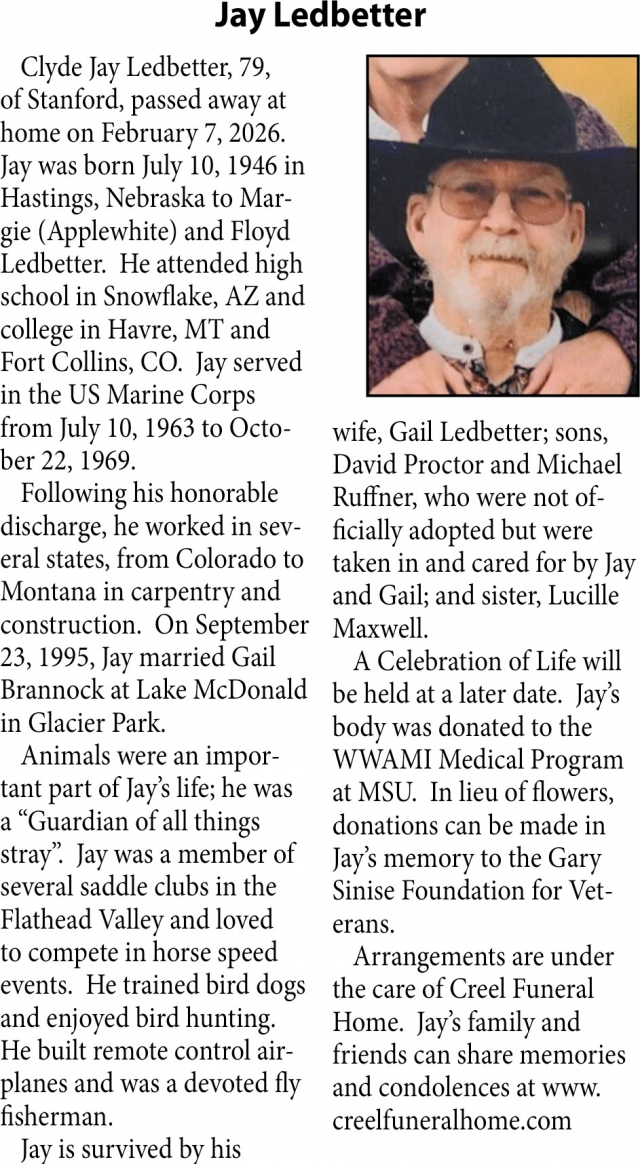 Jay Ledbetter, Obituaries, Glendive, MT