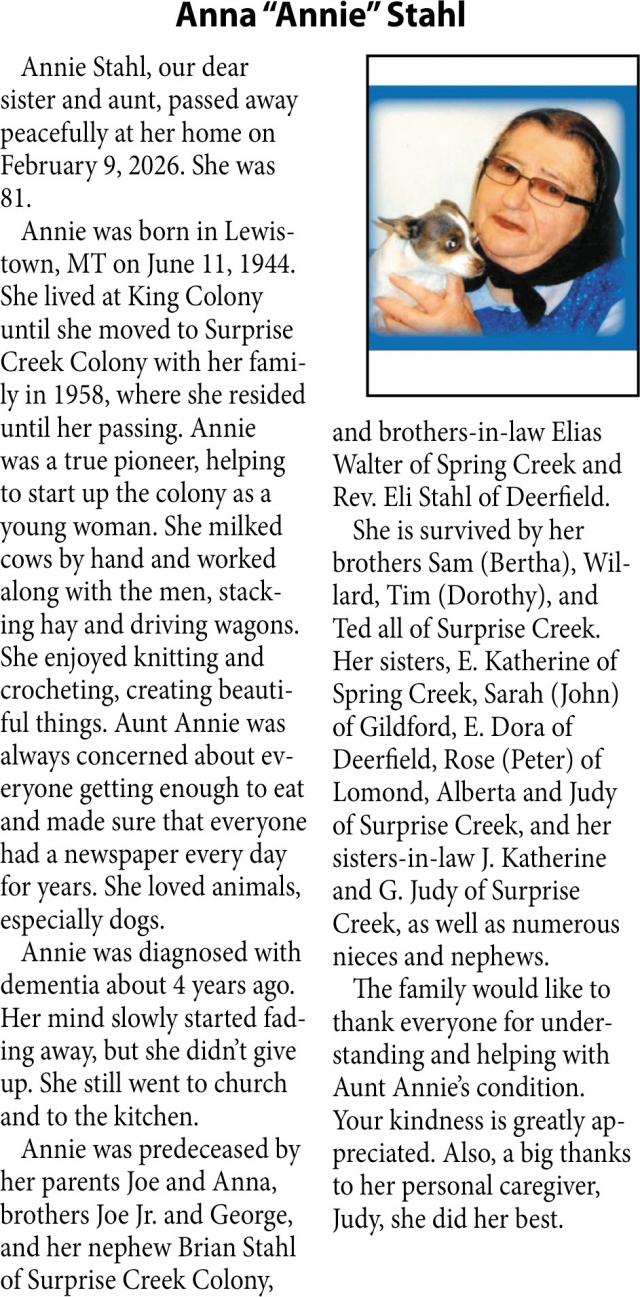 Anna Stahl, Obituaries, Glendive, MT