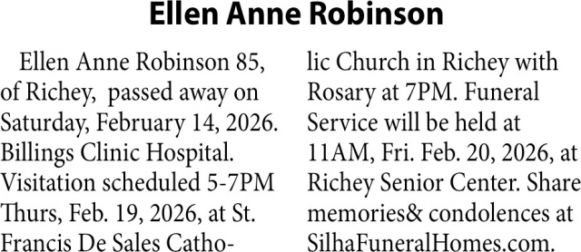 Ellen Anne Robinson, Obituaries, Glendive, MT