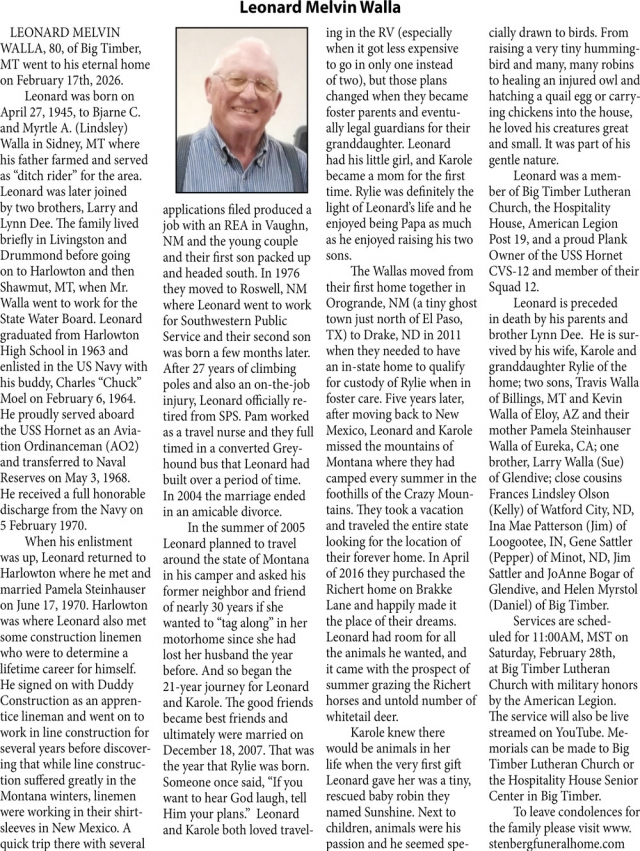 Leonard Melvin Walla, Obituaries, Glendive, MT