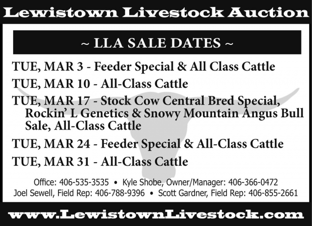 LLA Sale Dates, Lewistown Livestock Auction, Lewistown, MT