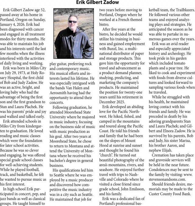Erik Gilbert Zadow, Obituaries, Glendive, MT