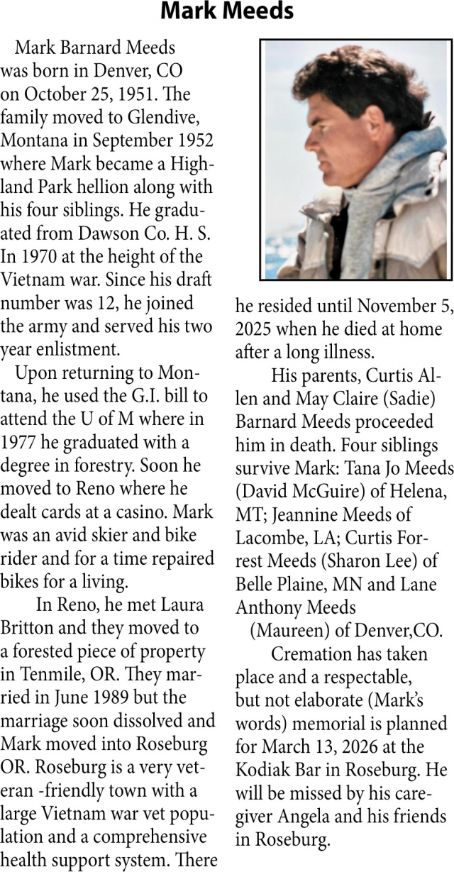 Mark Meeds, Obituaries, Glendive, MT