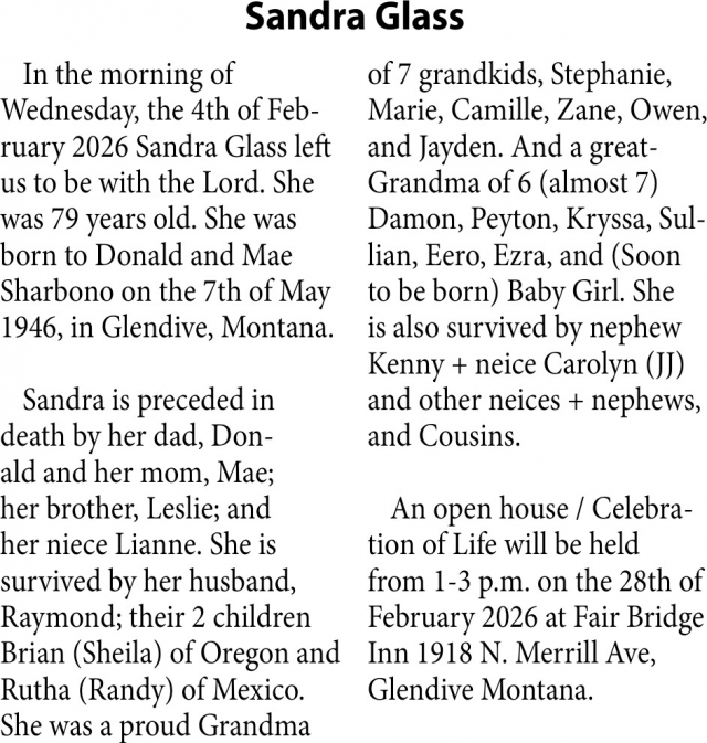 Sandra Glass, Obituaries, Glendive, MT