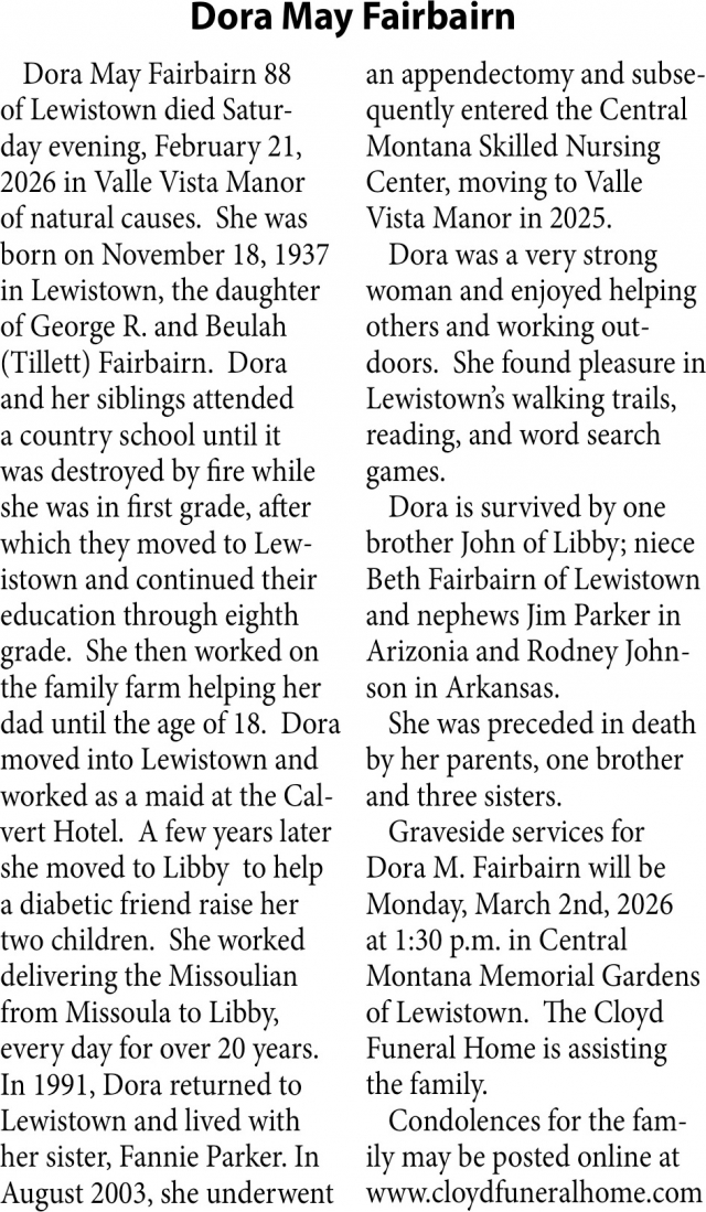 Dora May Fairbairn, Obituaries, Glendive, MT