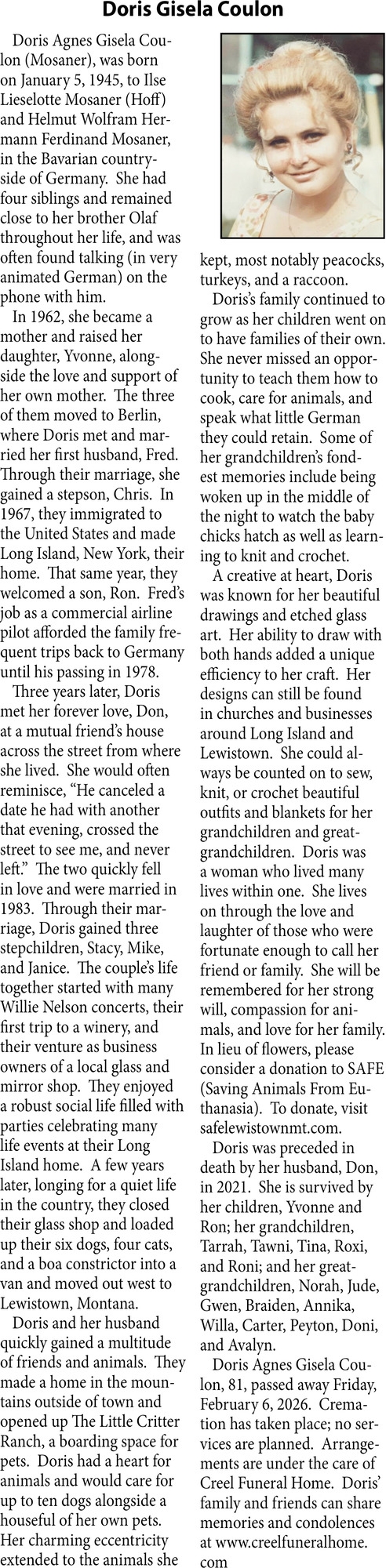 Doris Gisela Coulon, Obituaries, Glendive, MT