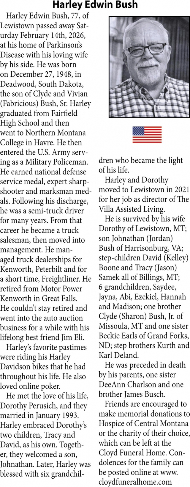 Herley Edwin Bush, Obituaries, Glendive, MT