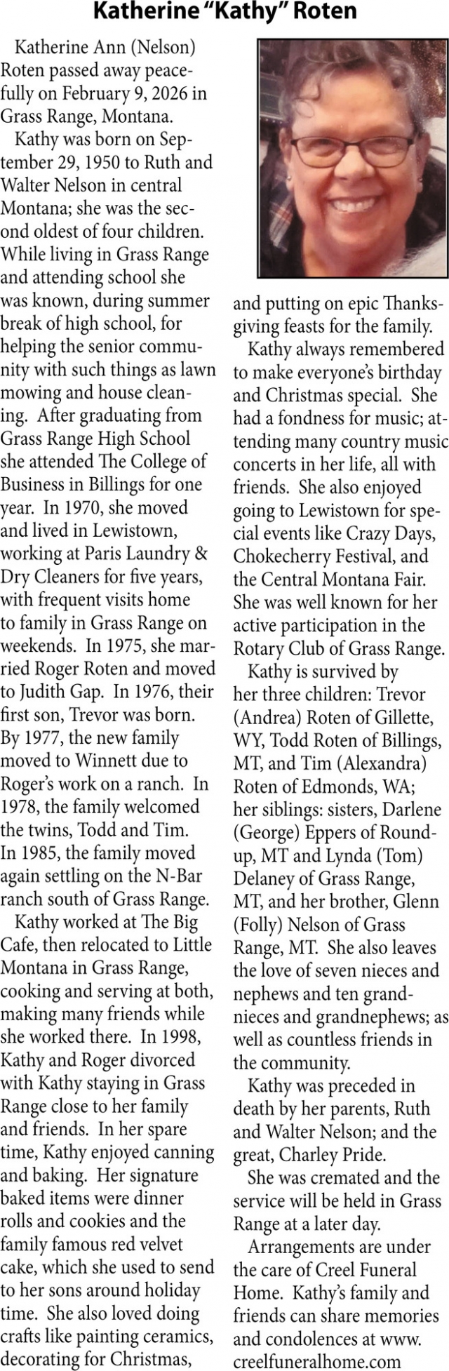 Katherine Roten, Obituaries, Glendive, MT