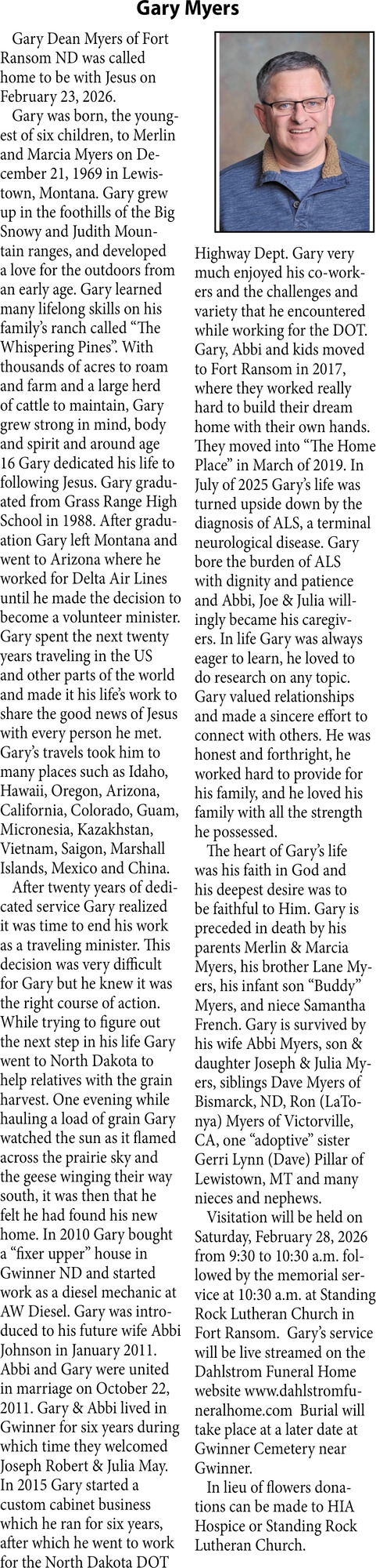 Gary Myers, Obituaries, Glendive, MT