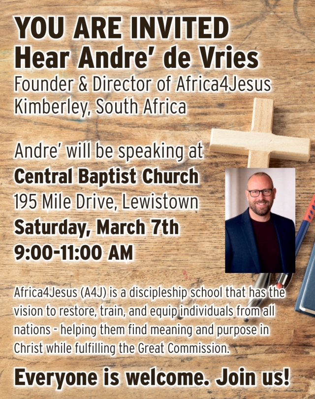 Hear Andre´ De Vries, Central Baptist Church, Lewistown, MT