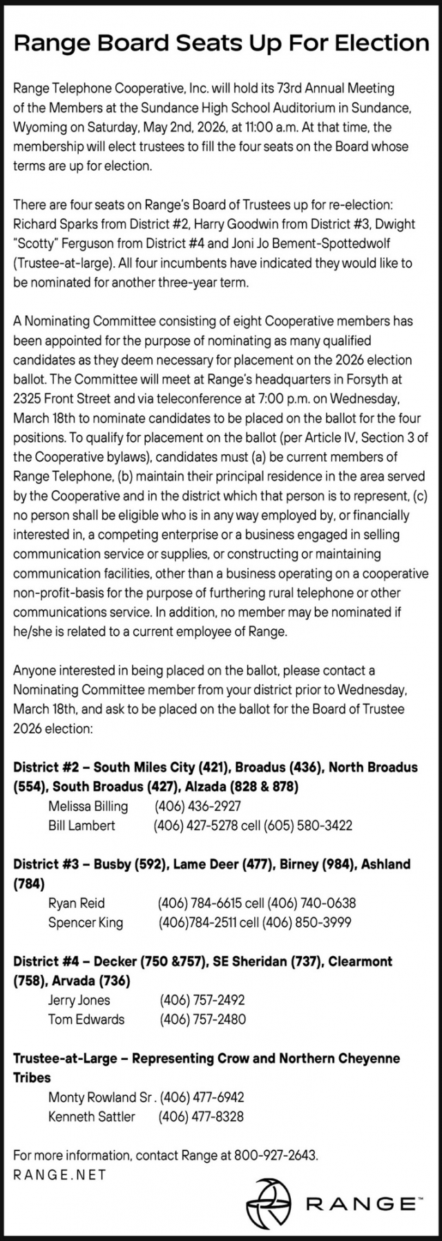 Range Board Seats up For Election, Range, Forsyth, MT