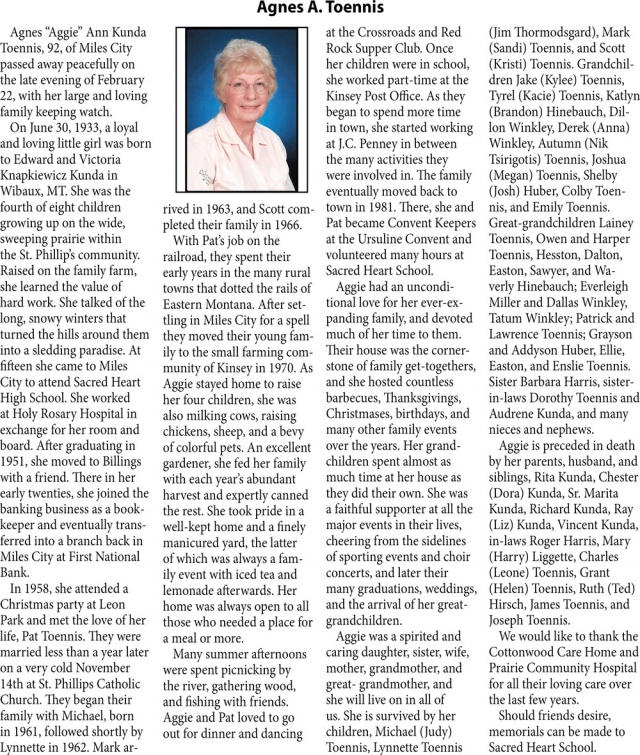 Agnes A. Toennis, Obituaries, Glendive, MT