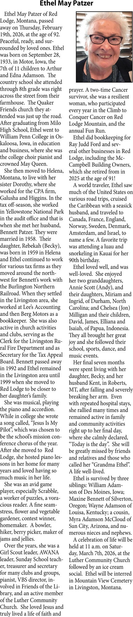 Ethel May Patzer, Obituaries, Glendive, MT