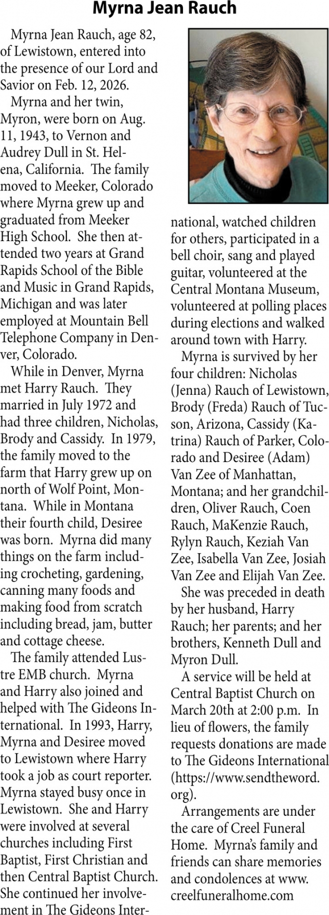 Myrna Jean Rauch, Obituaries, Glendive, MT