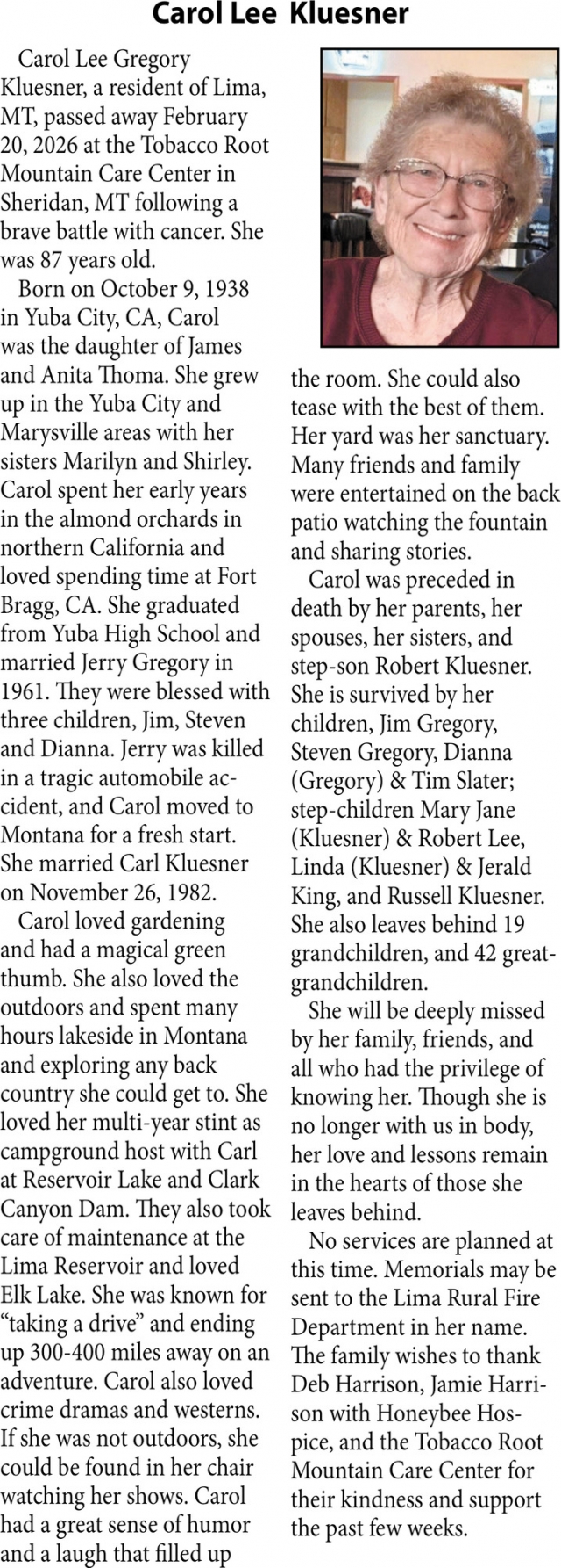 Carol Lee Kluesner, Obituaries, Glendive, MT