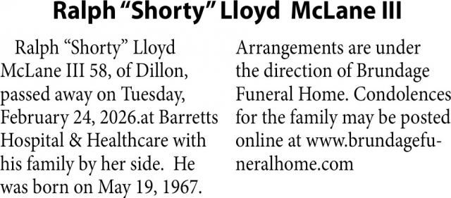 Ralph Lloyd McLane III, Obituaries, Glendive, MT