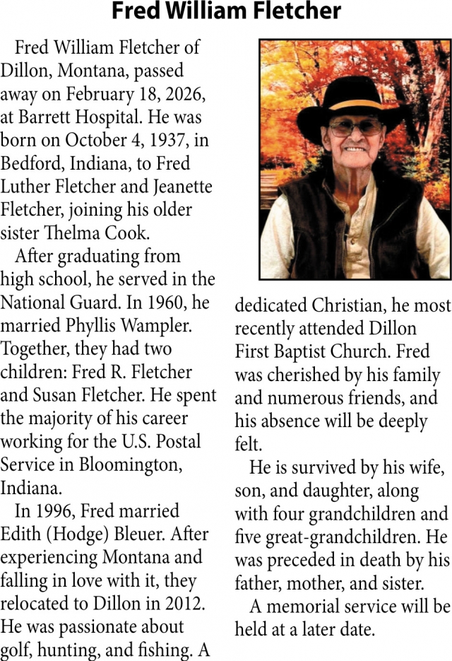 Fred William Fletcher, Obituaries, Glendive, MT