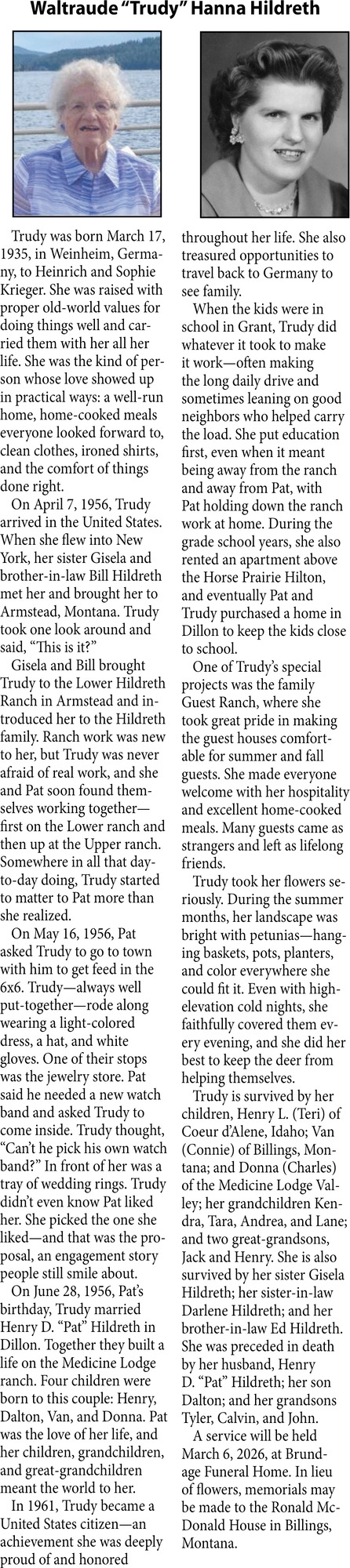 Waltraude Hanna Hildreth, Obituaries, Glendive, MT