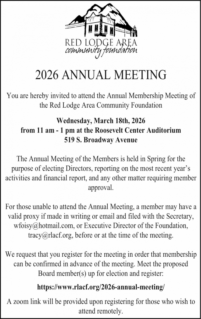 2026 Annual Meeting, Red Lodge Area Community Foundation, Red Lodge, MT