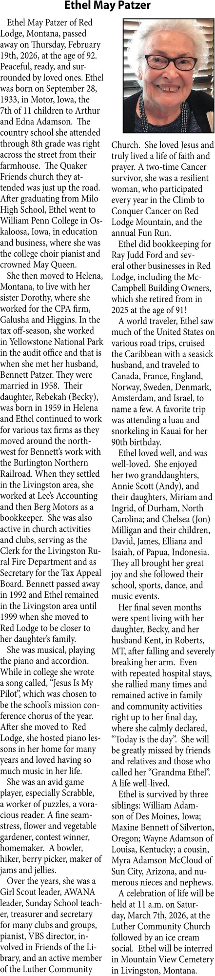 Ethel May Patzer, Obituaries, Glendive, MT