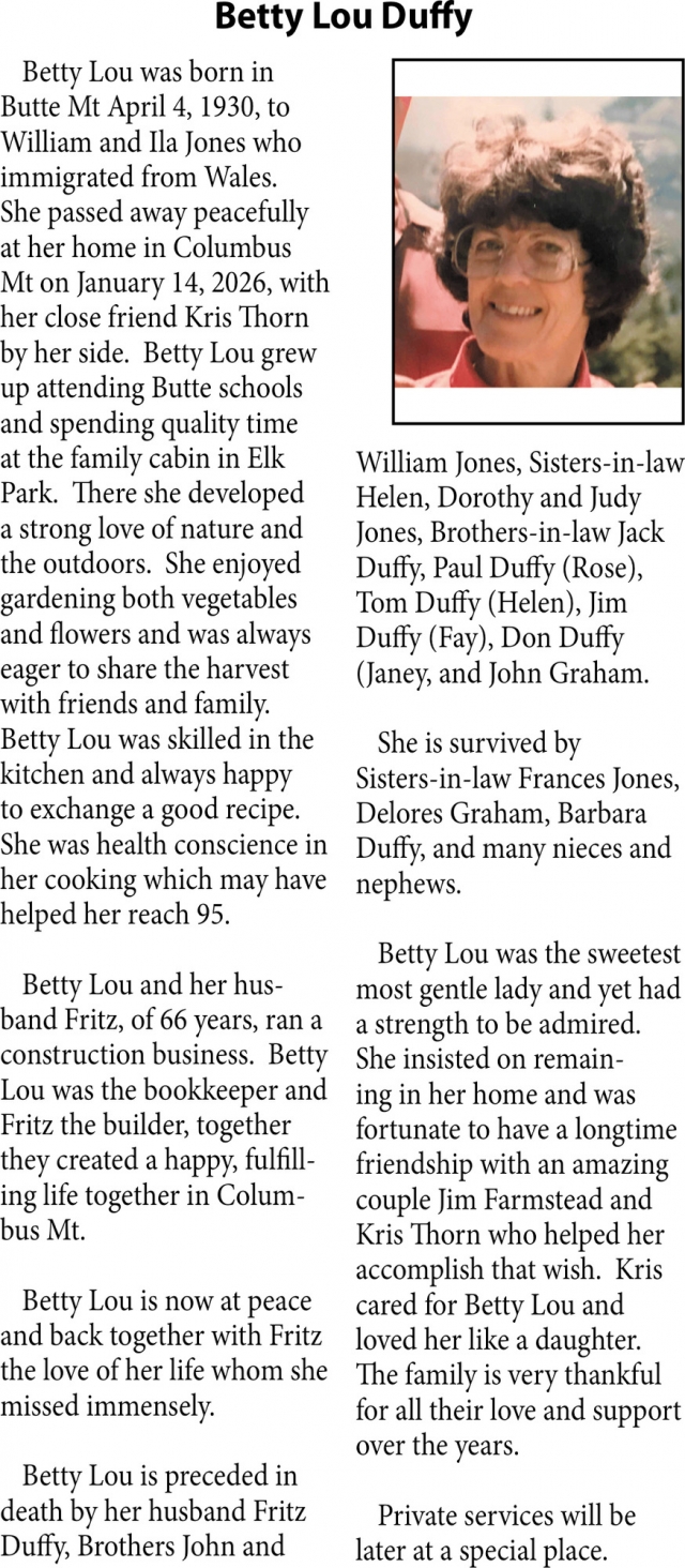 Betty Lou Duffy, Obituaries, Glendive, MT