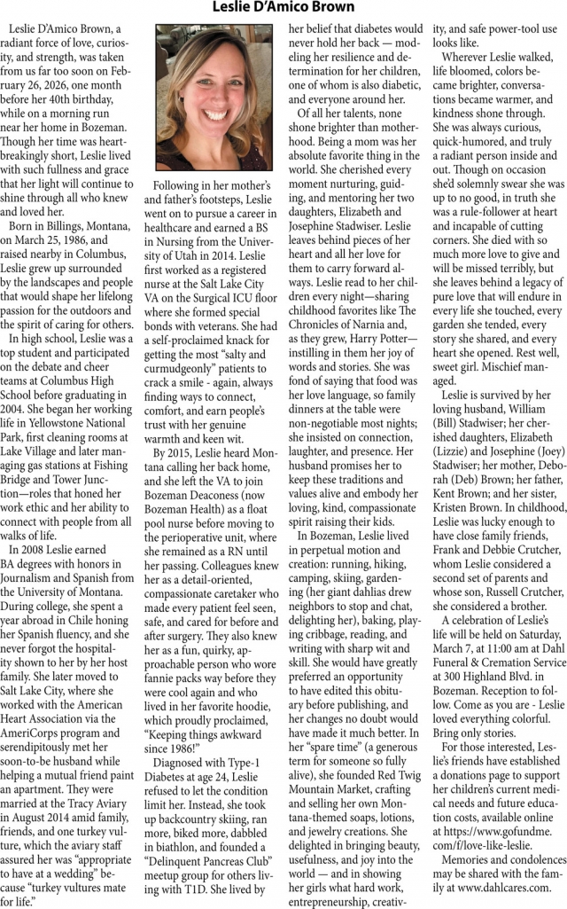 Leslie D'Amico Brown, Obituaries, Glendive, MT