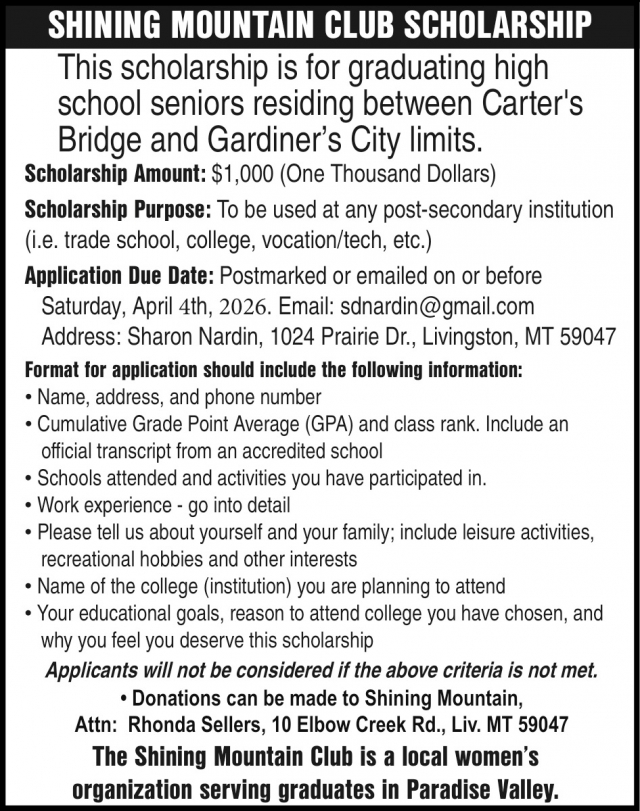 Scholarship, Shining Mountain Club, Livingston, MT