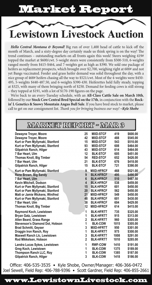 Market Report, Lewistown Livestock Auction, Lewistown, MT