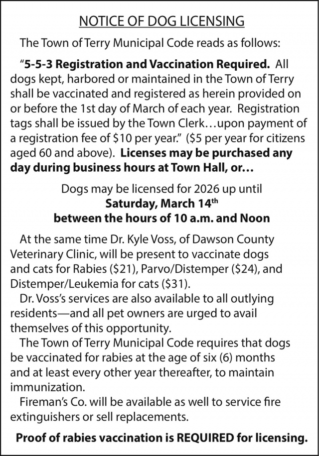Notice of Dog Licensing, Town of Terry, Terry, MT