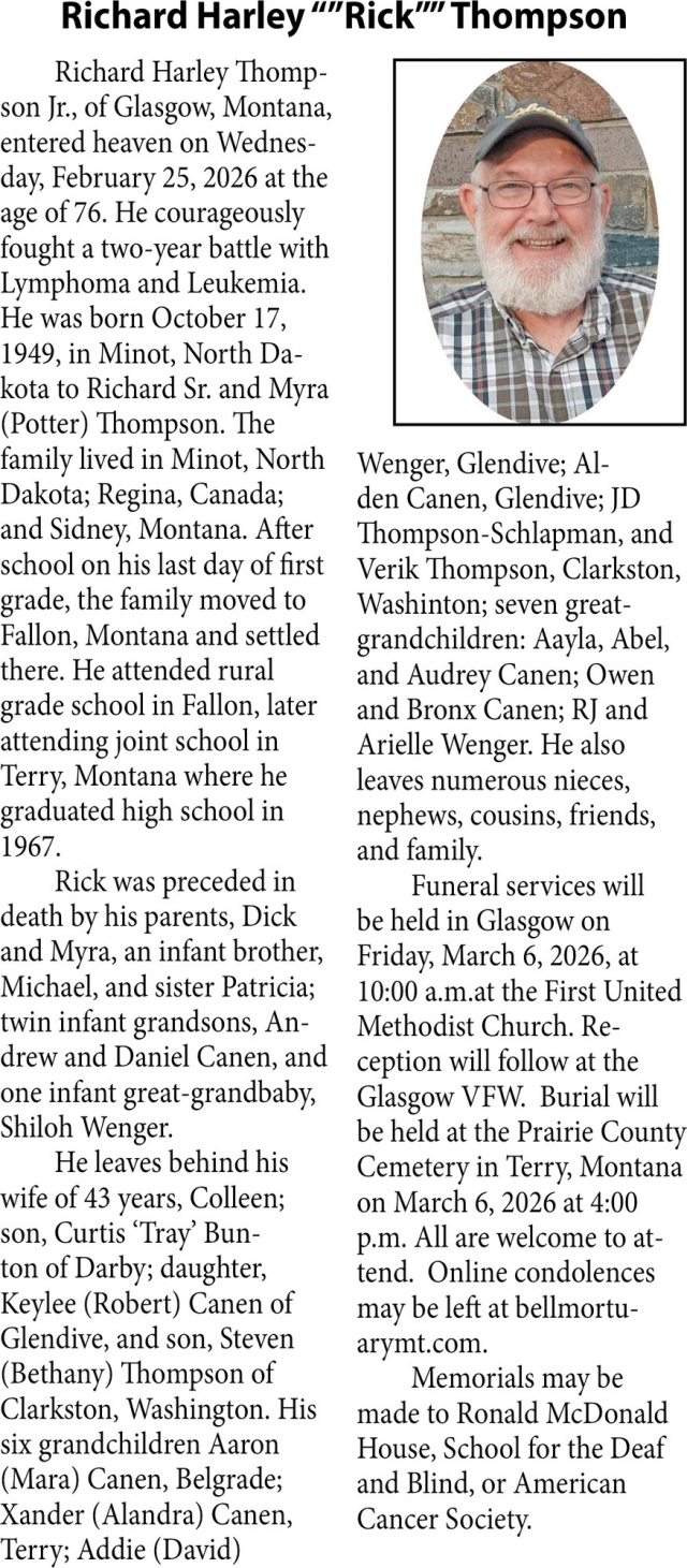 Richard Harley Thompson, Obituaries, Glendive, MT