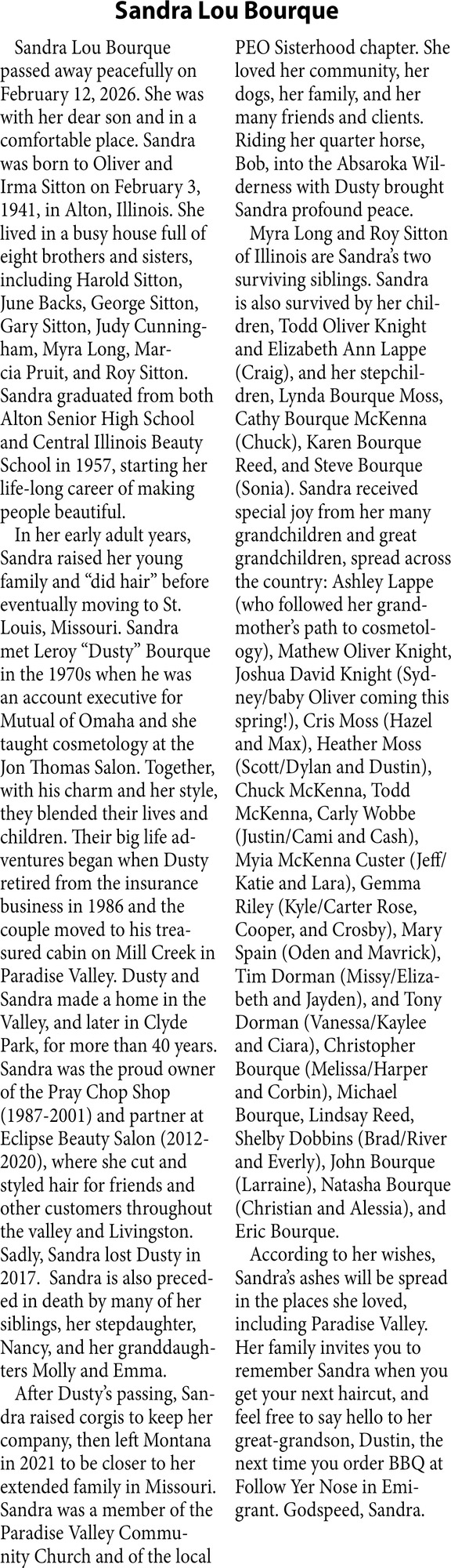 Sandra Lou Bourque, Obituaries, Glendive, MT