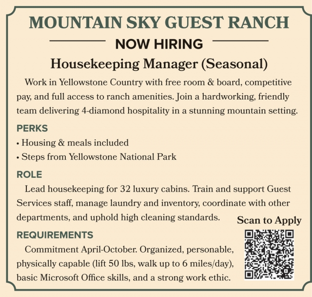 Housekeeping Manager, Mountain Sky Guest Ranch