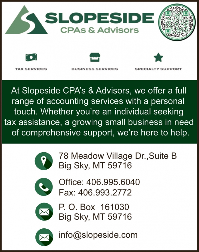 Tax Services, Slopeside CPAs & Advisors, Big Sky, MT
