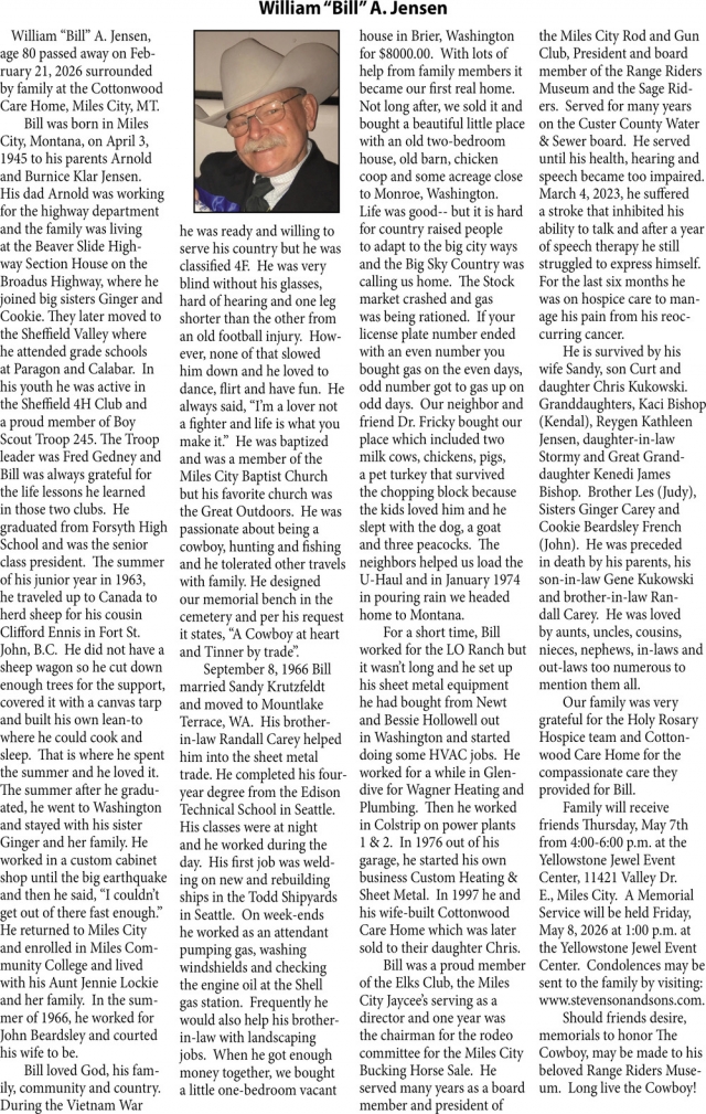 William A. Jensen, Obituaries, Glendive, MT