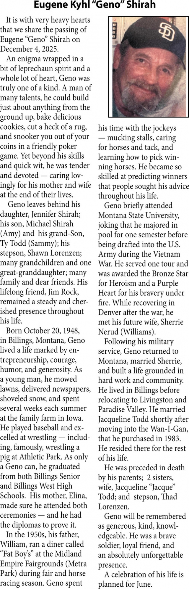 Eugene Kyhl Shirah, Obituaries, Glendive, MT