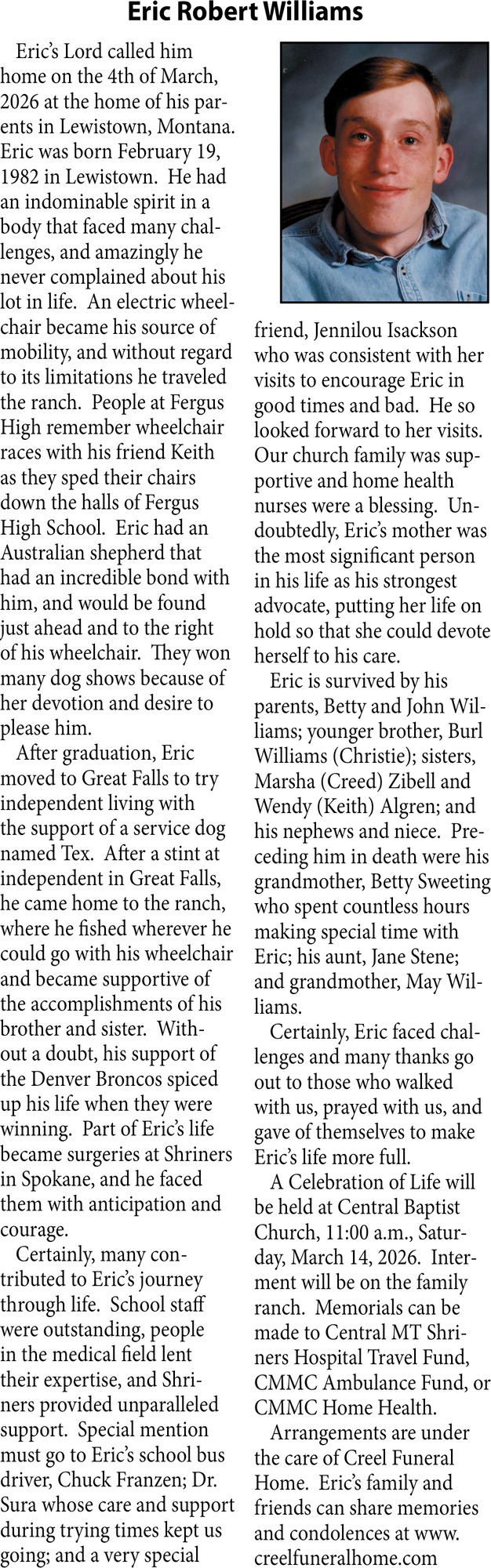 Eric Robert Williams, Obituaries, Glendive, MT