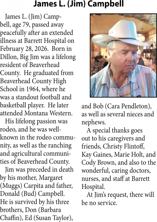 James L. Campbell, Obituaries, Glendive, MT