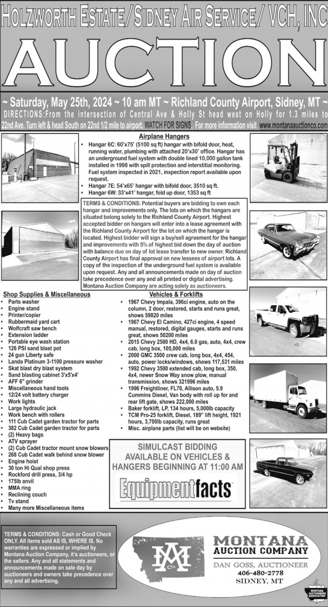 Holzworth Estate / Sidney Air Service / VCH, Inc Auction, Montana Auction Company