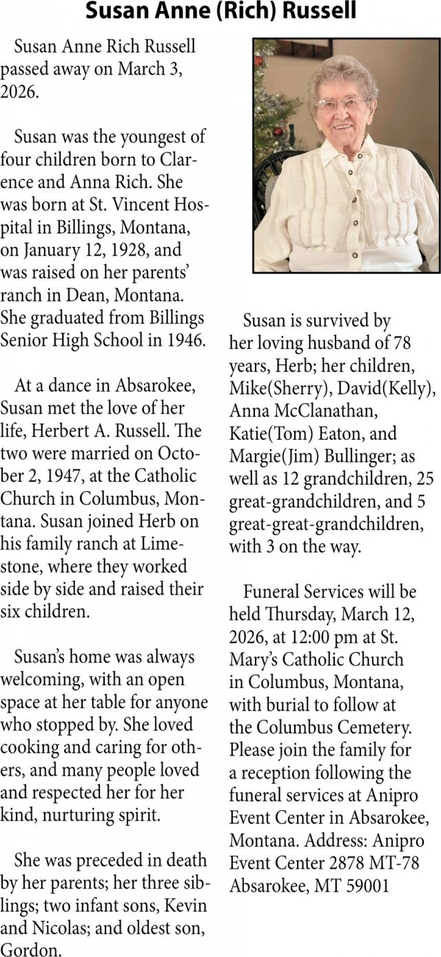 Susan Anne Russell, Obituaries, Glendive, MT