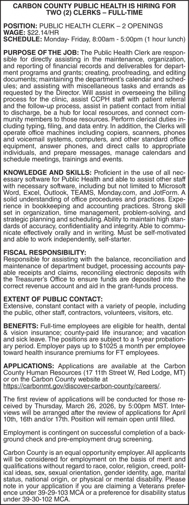 Clerks, Carbon County Public Health, Red Lodge, MT