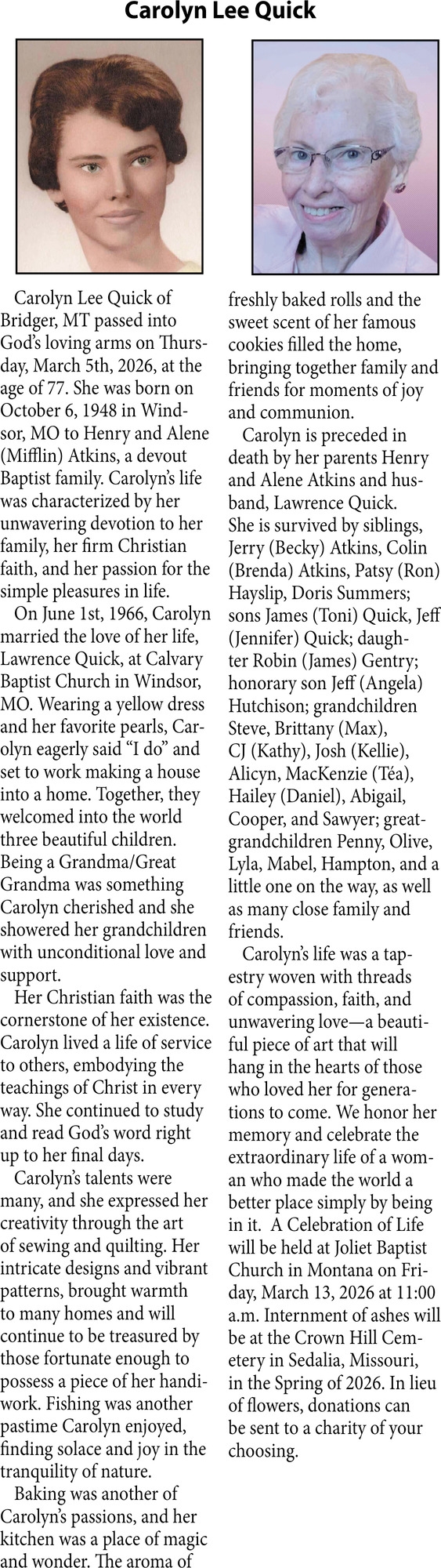 Carolyn Lee Quick, Obituaries, Glendive, MT