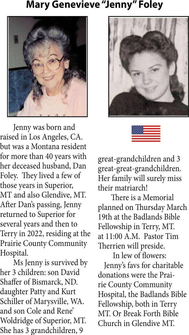 Mary Genevieve Foley, Obituaries, Glendive, MT