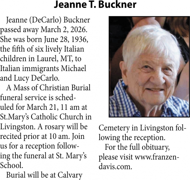 Jeanne T. Buckner, Obituaries, Glendive, MT