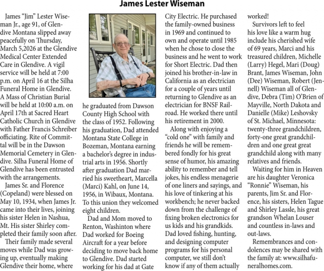 James Lester Wiseman, Obituaries, Glendive, MT
