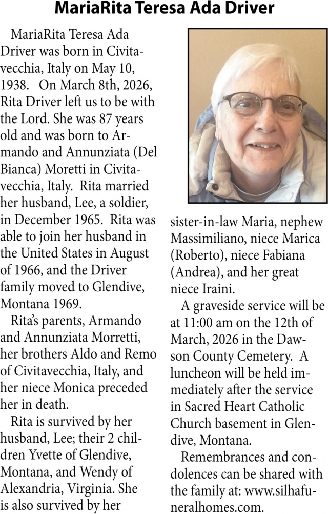 MariaRita Teresa Ada Driver, Obituaries, Glendive, MT