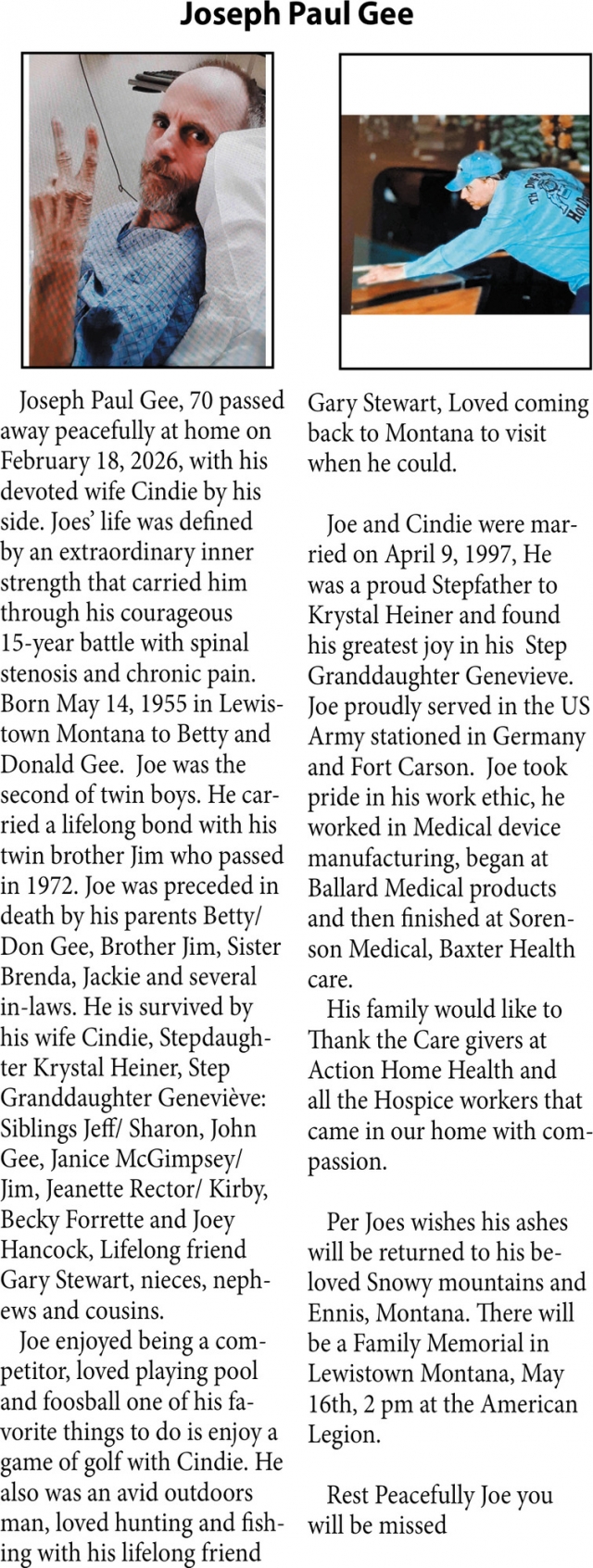 Joseph Paul Gee, Obituaries, Glendive, MT